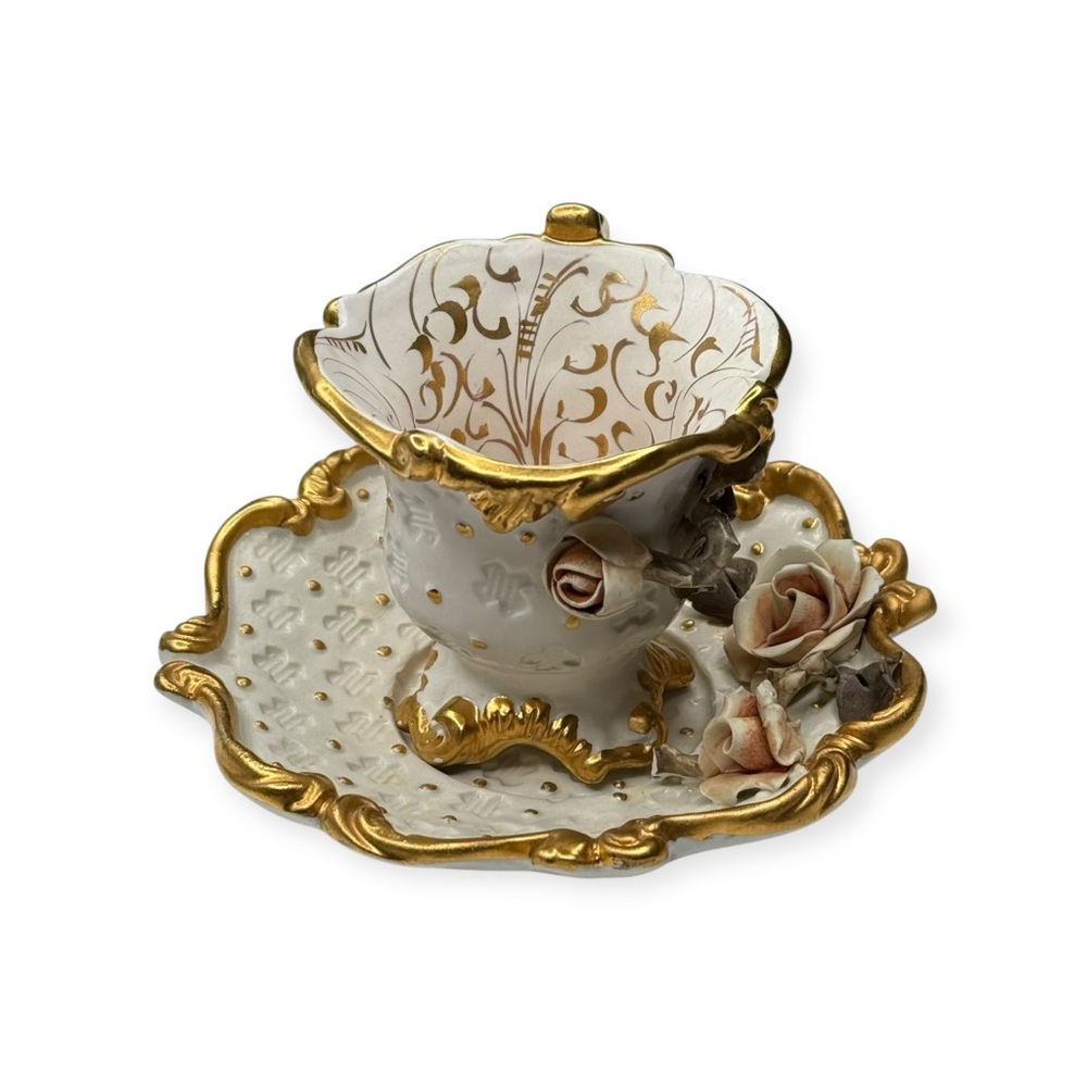 Antique: Benrose ❀ Capodimonte Handpainted Porcelain Flower Teacup Saucer Set ❀